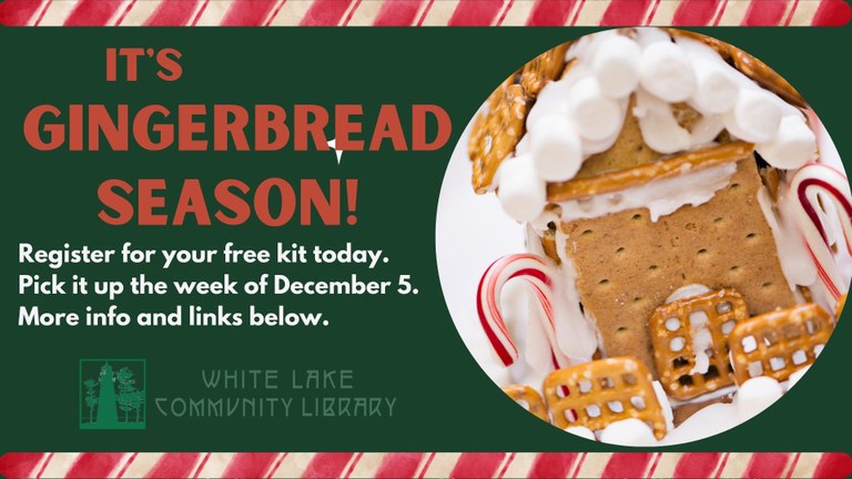 Picture of a graham cracker gingerbread house with text that says registration for gingerbread kits is now open.