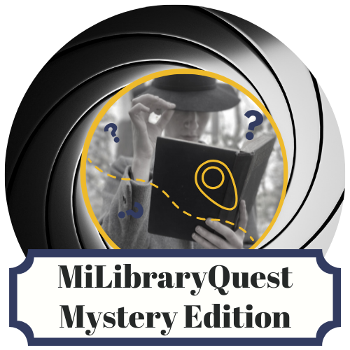 MiLibraryQuest Logo, image of detective holding open book, the text MiLibraryQuest Winter Edition
