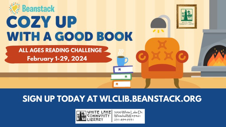 Living room scene with comfy chair, fireplace, book and warm drink with text Cozy Up with a good book reading challenge February 1-29, 2024