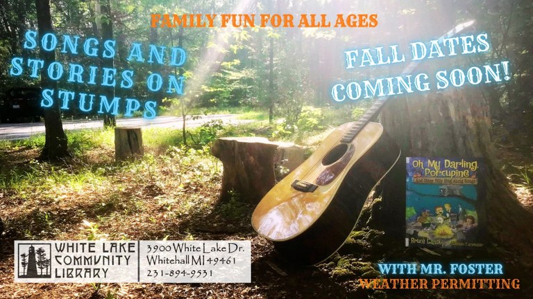 an image of woods and a guitar leaning against a tree stump. The words "stories and songs on stumps" and "Fall Dates Coming Soon" appear as well.